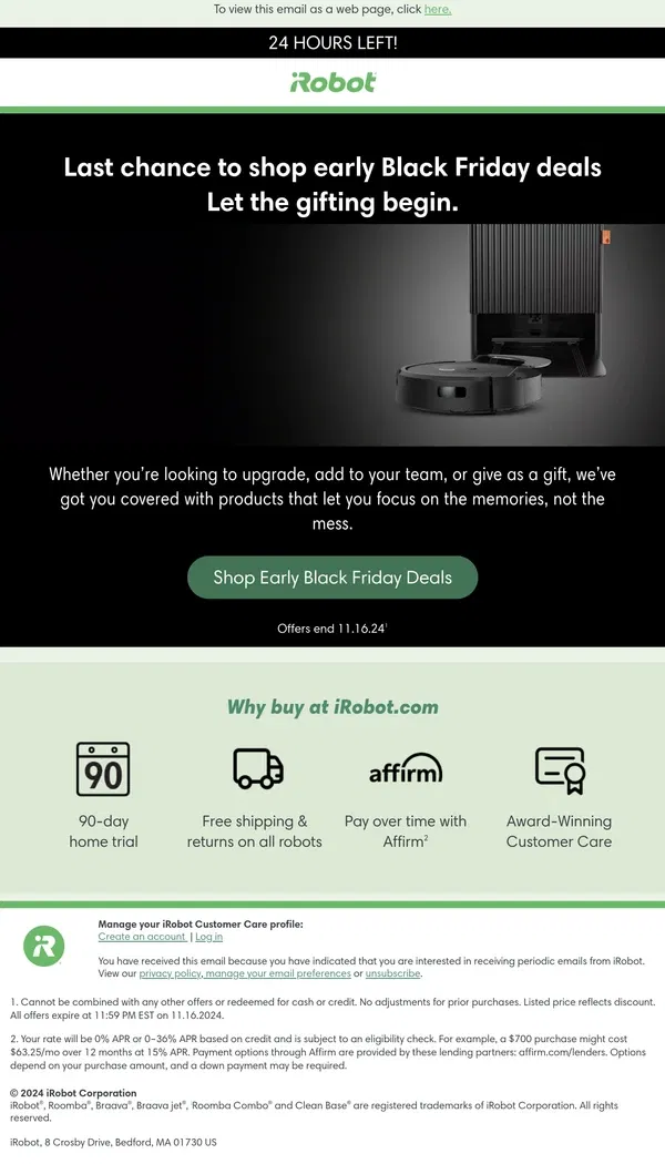 Email from iRobot. Final 24 Hours: Early Black Friday ends 11/16!