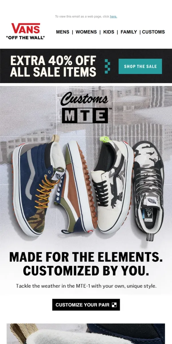 Email from Vans. MADE FOR THE ELEMENTS. CUSTOMIZED BY YOU.