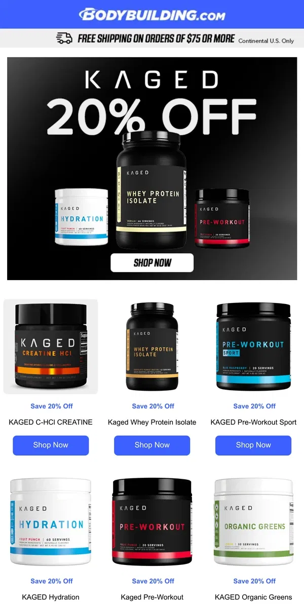 Email from Bodybuilding.com. Unlock an extra 20% off Kaged products—time to stock up and crush your goals!