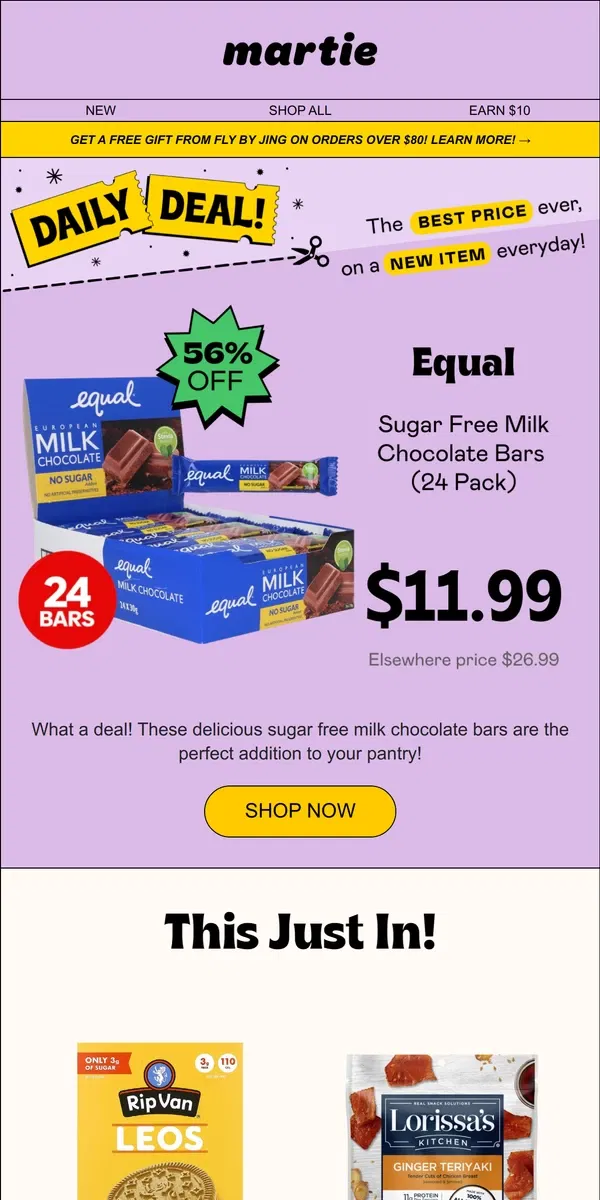 Email from Martie. ✨ New exciting deals, just landed! Plus, 56% OFF Equal Sugar Free Milk Chocolate! ❤️