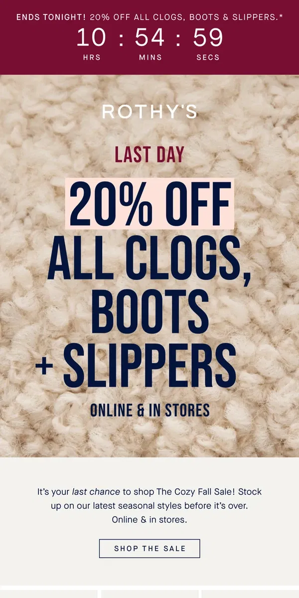 Email from Rothy's. FINAL HOURS to shop The Cozy Fall Sale.