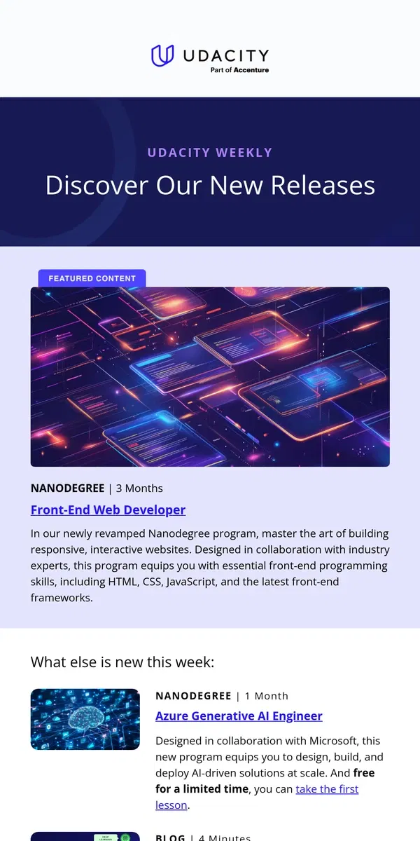 Email from Udacity. Udacity Weekly: Front-End Web Dev, Azure AI and more.