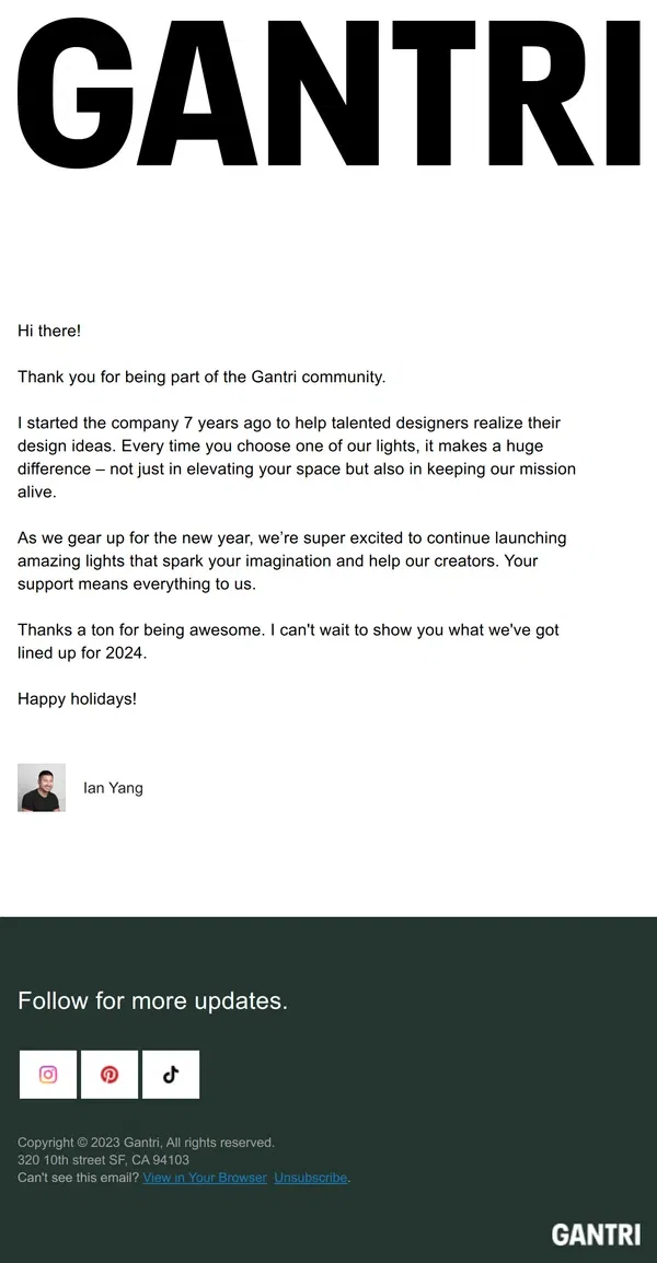 Email from Gantri. Happy holidays from our founder