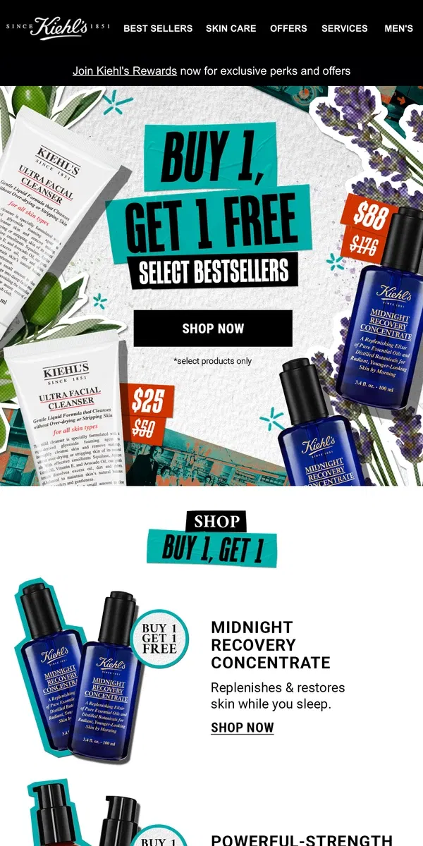 Email from Kiehl's. Buy 1, Get 1 FREE Ends TONIGHT ⏰