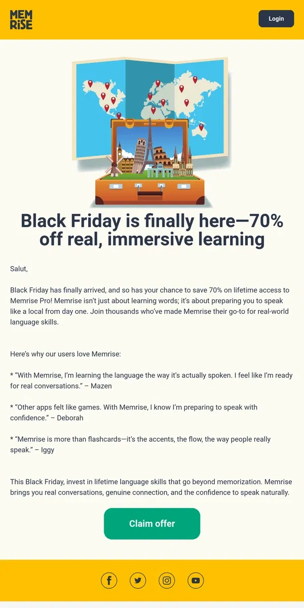 Email from Memrise. 💥 Black Friday is finally here—70% off lifetime access!