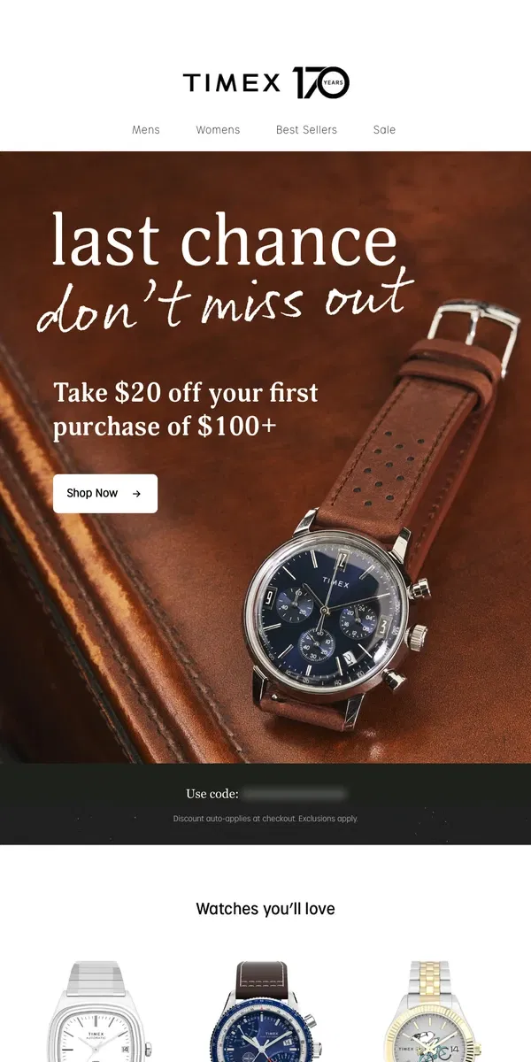 Email from Timex. Take $20 OFF your order!