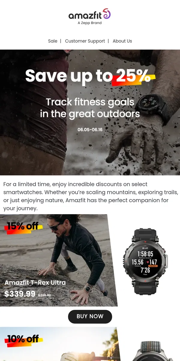 Email from Amazfit. Save up to 25% This Great Outdoors Month