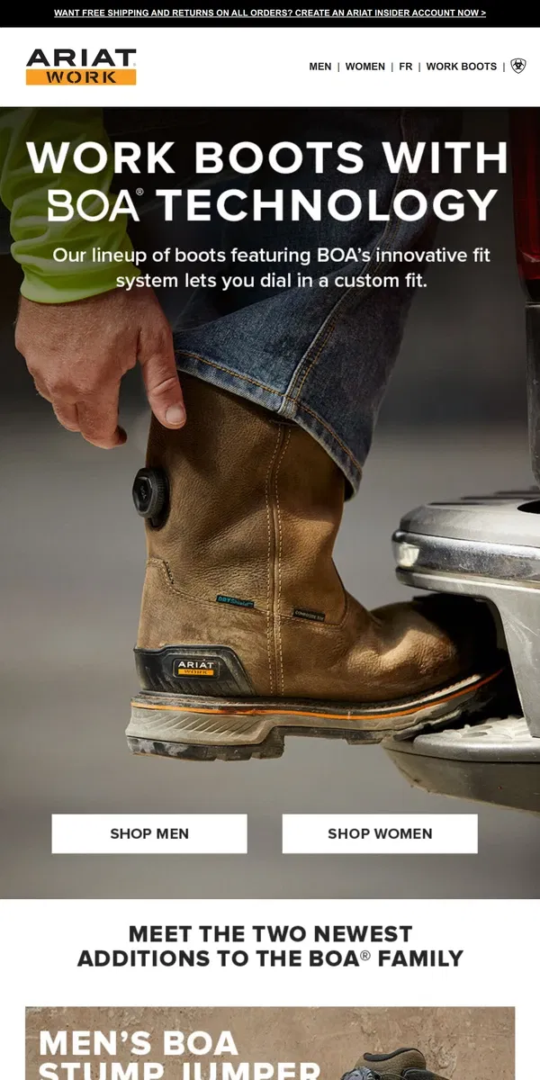 Email from Ariat. Dial in Your Fit: BOA® Work Boots ­