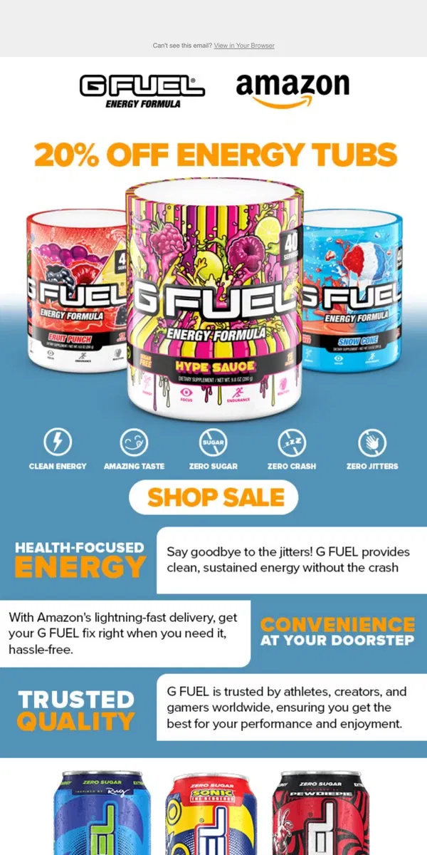 Email from G FUEL. 🚀 Energize Your 2024 Journey with G FUEL on Amazon - New Year, New Boost!