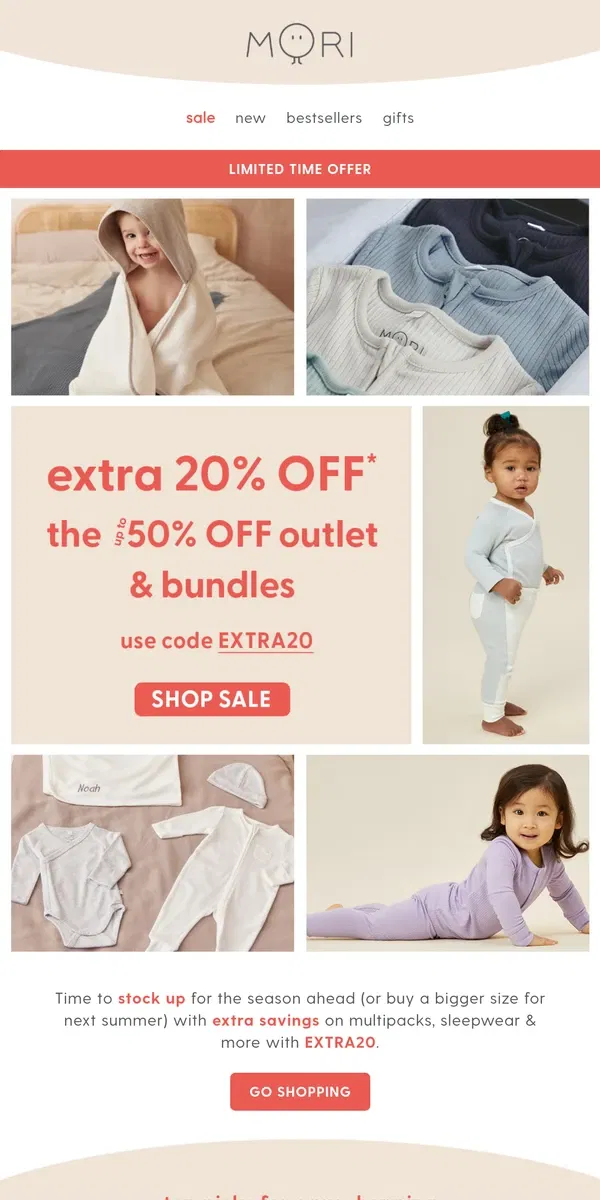 Email from MORI. EXTRA EXTRA! 📢 Extra 20% off the outlet starts now!