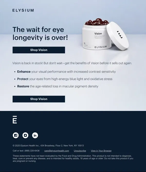 Email from Elysium Health. Back by popular demand: Vision