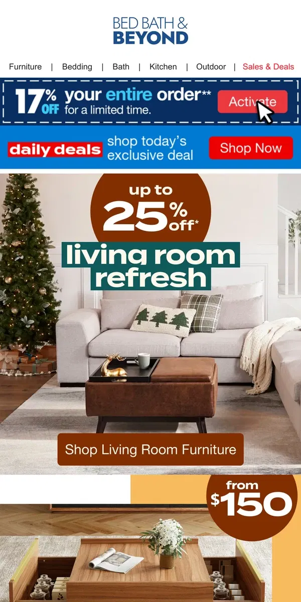 Email from Bed Bath & Beyond. Up to 25% off to Transform Your Living Room 🪄✨