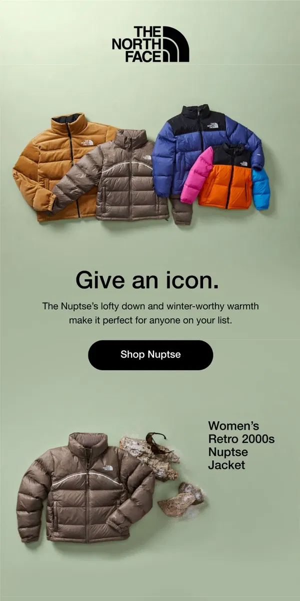 Email from The North Face. Nuptse: Our most iconic gift.