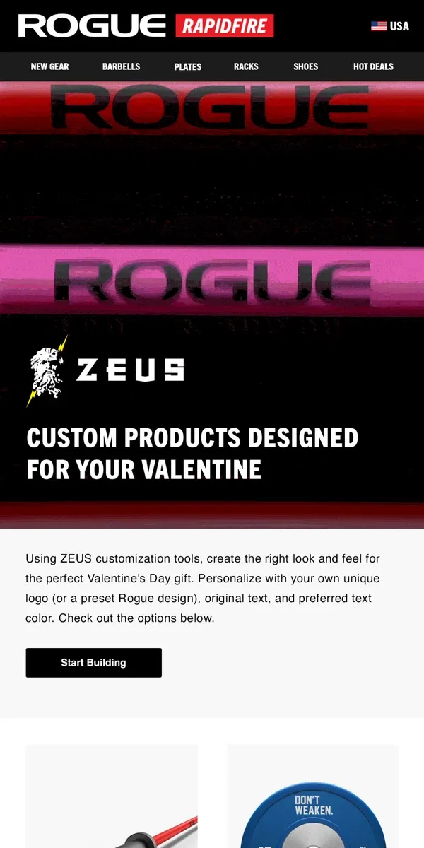 Email from Rogue Fitness. Custom Products Designed For Your Valentine