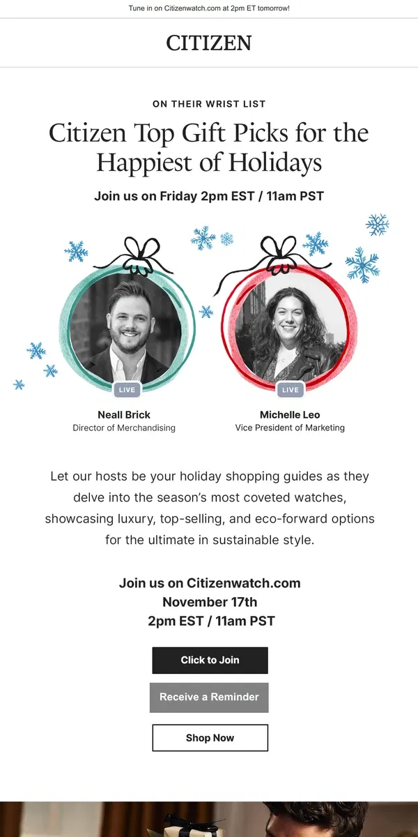 Email from Citizen Watch. On Their Wrist List: Tune in Tomorrow!