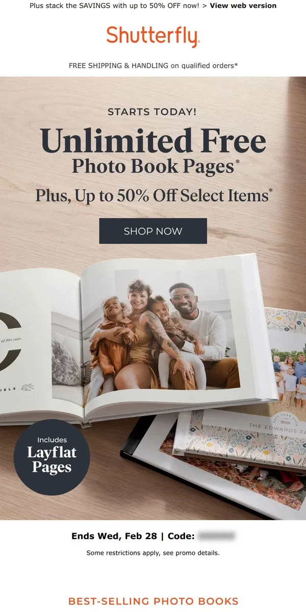 Email from Shutterfly. It’s ON! Unlimited FREE photo book pages starts TODAY 🤩