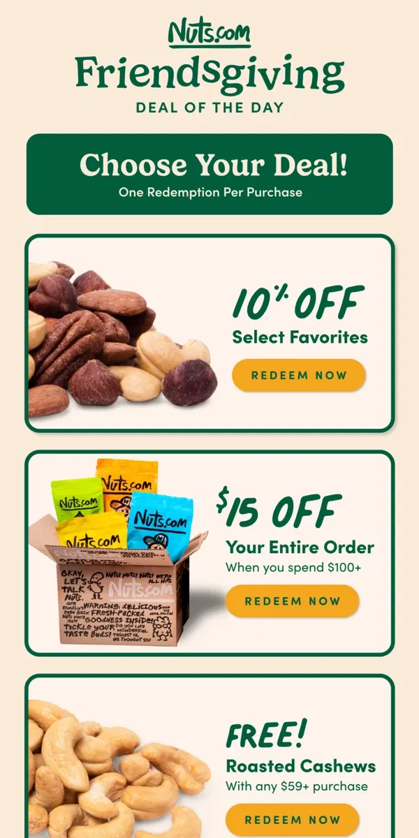 Email from Nuts.com. Last Day of Friendsgiving Savings Event 🚨