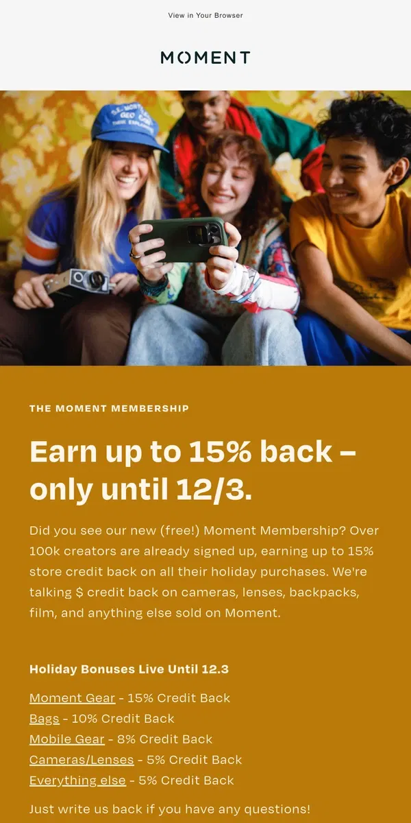 Email from Moment. Limited Offer: Get Up To 15% Back