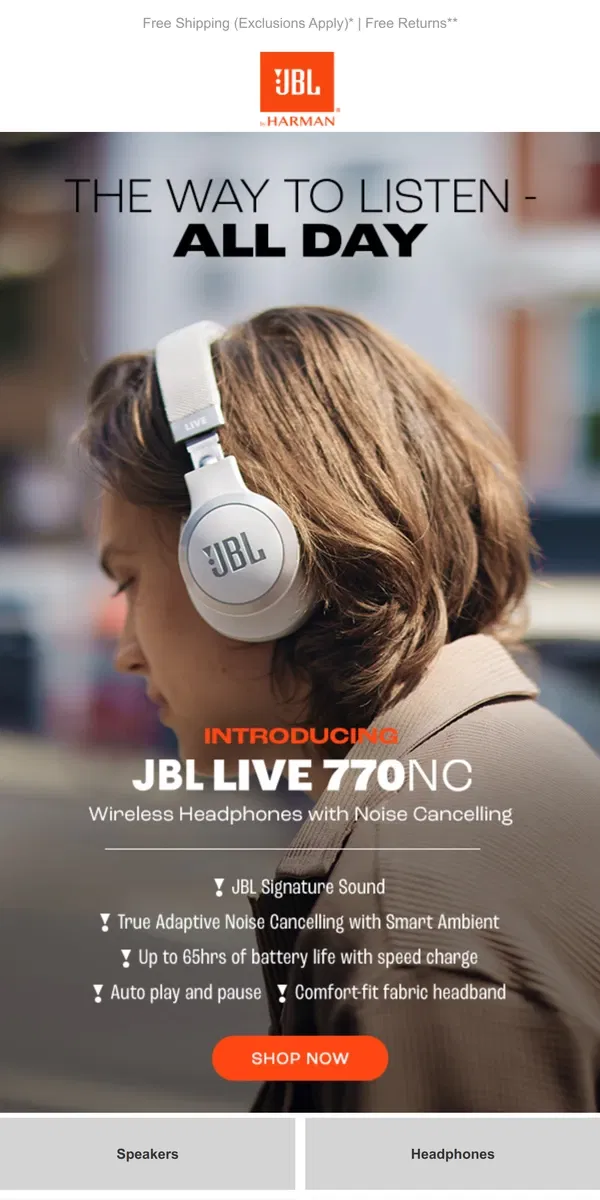 Email from JBL. Announcing the All New JBL Live 770NC