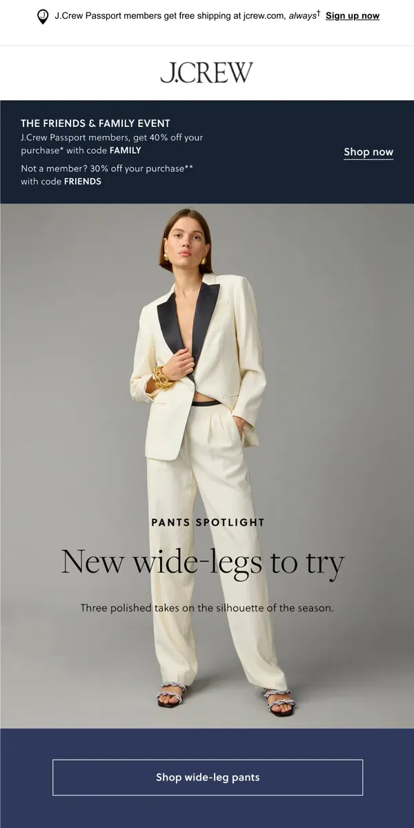 Email from J.Crew. Pants spotlight: wide-leg edition