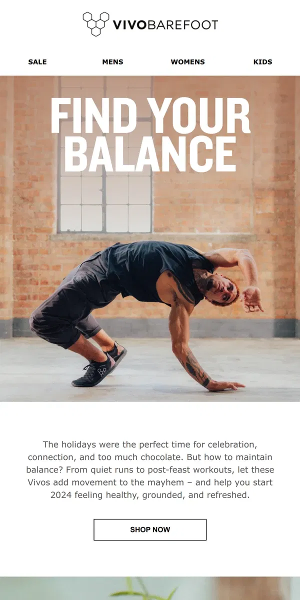 Email from Vivobarefoot. Vivos for a healthy holiday