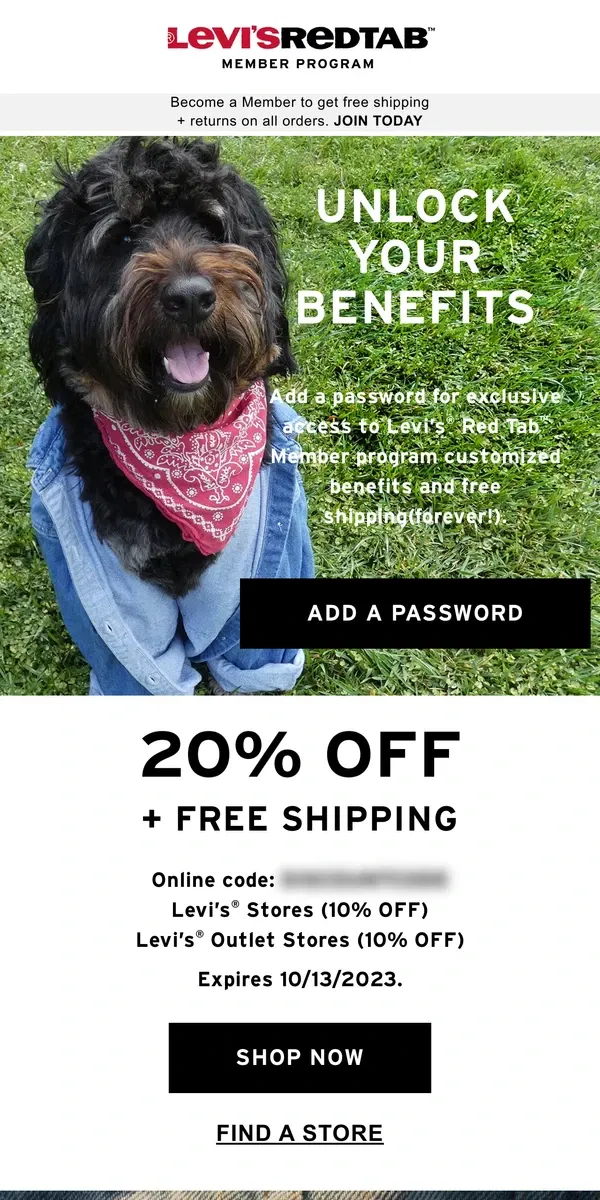 Email from Levi's. There’s still time to get 20% off your first order!