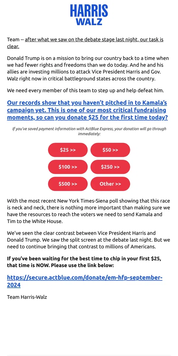 Email from Kamala Harris. Your donation history