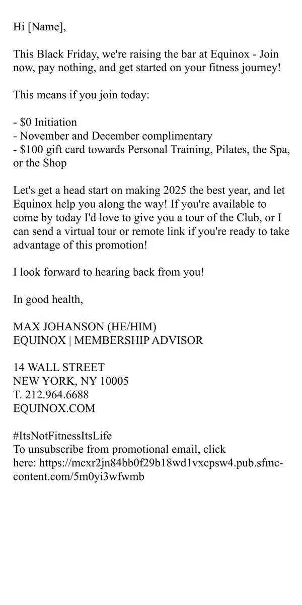 Email from Equinox. Black Friday Exclusive - EQX