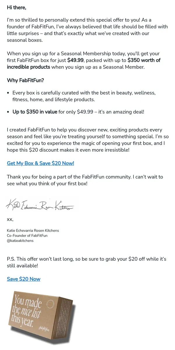 Email from FabFitFun. A Special Gift for You – $20 Off Your First FabFitFun Box!