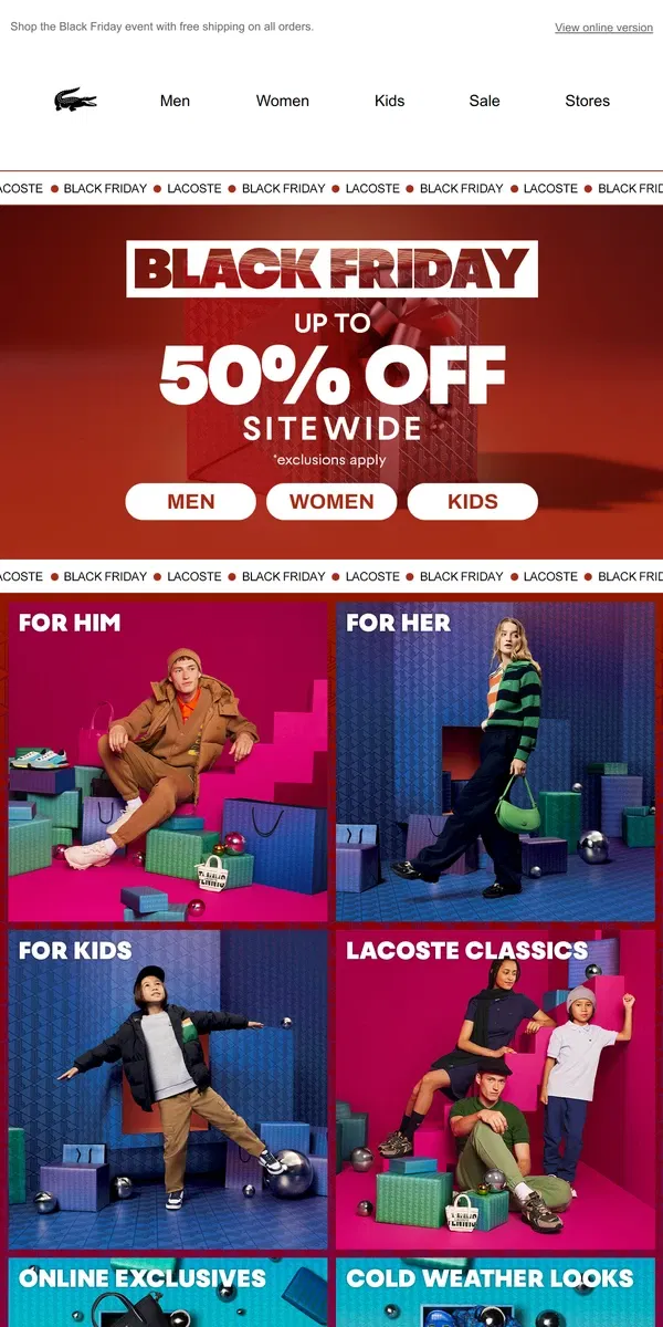 Email from Lacoste. UP TO 50% OFF Lacoste Gifts