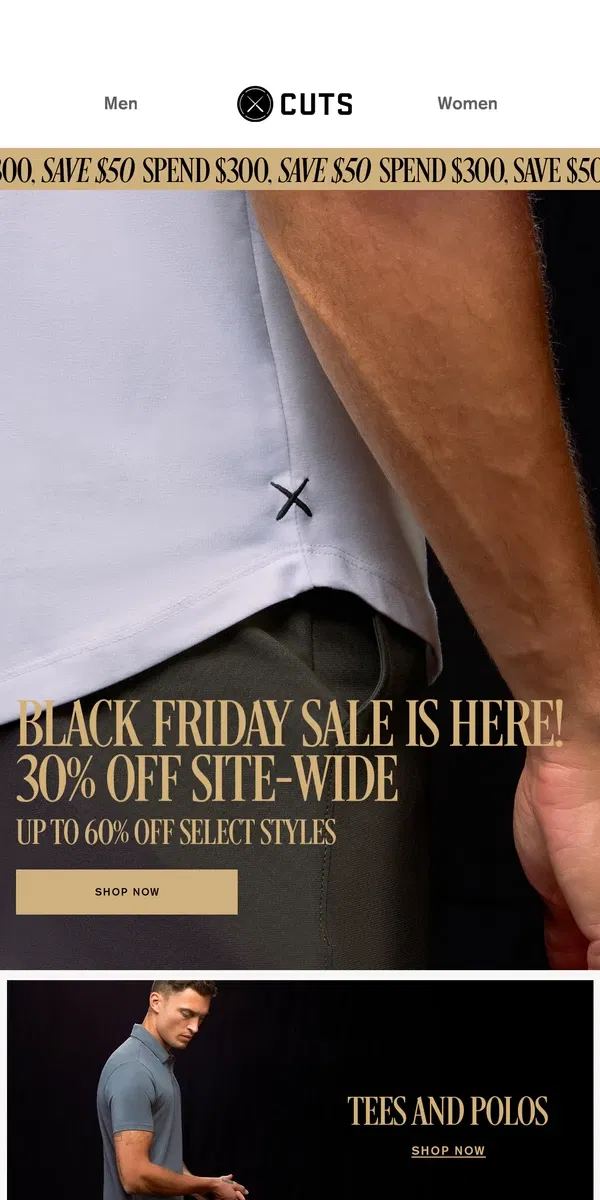 Email from Cuts. 30% OFF EVERYTHING | UP TO 60% OFF SELECT STYLES