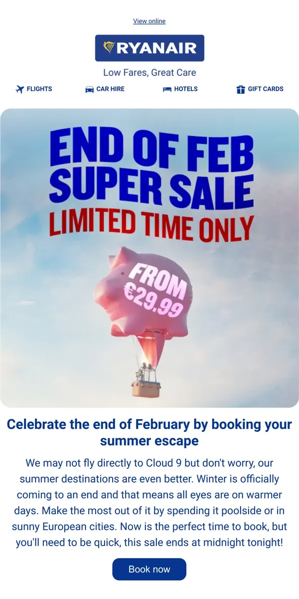 Email from Ryanair. Spend summer on Cloud 9