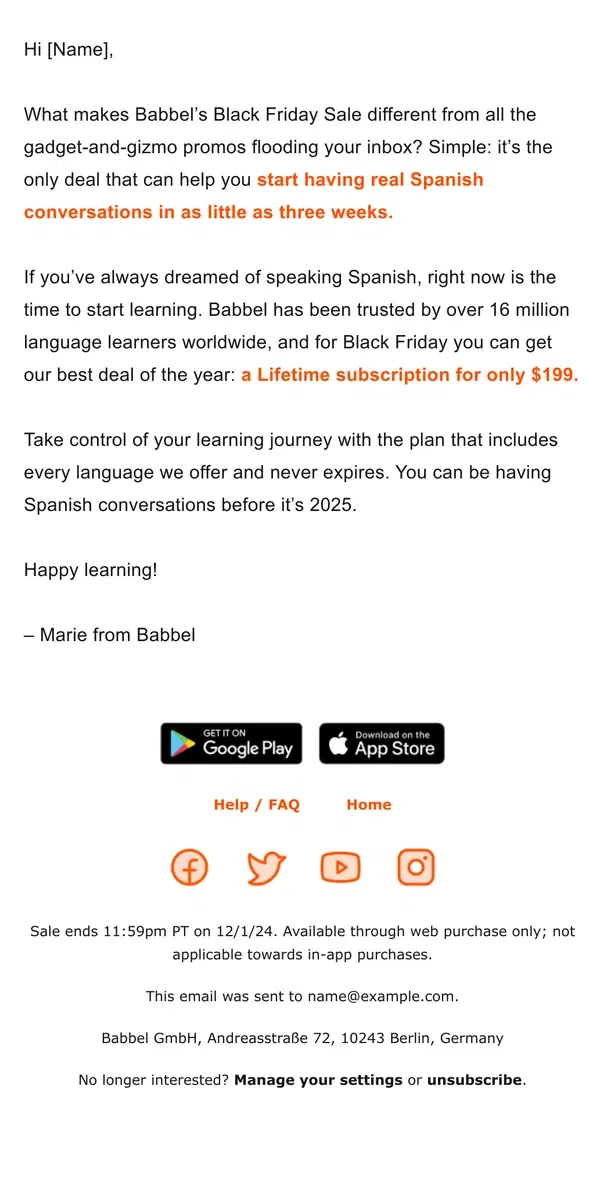 Email from Babbel. [Name], our Black Friday Flash Sale starts now!