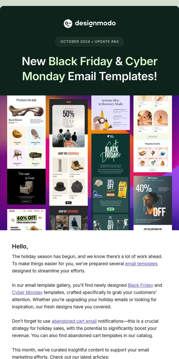 Email from Designmodo. New Black Friday & Cyber Monday Email Templates.