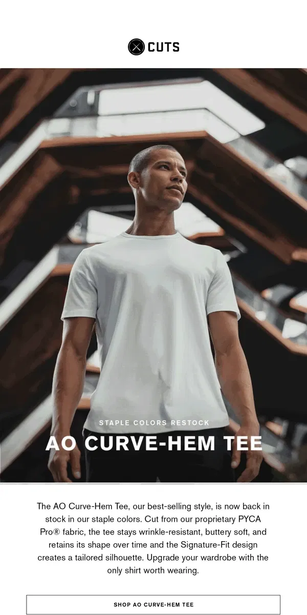 Email from Cuts. AO Curve-Hem Tee | Restocked