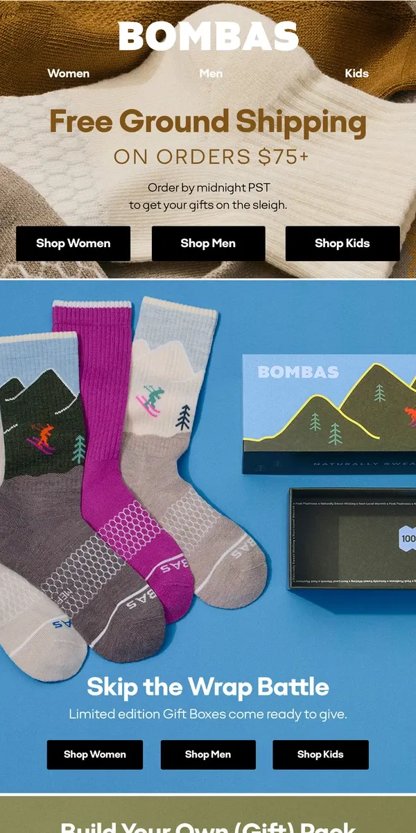 Email from Bombas. Last Day: Ground Shipping for Gifts