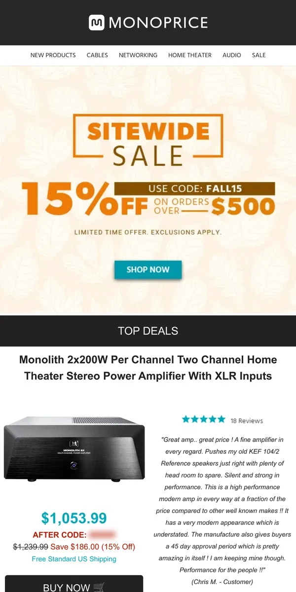 Email from Monoprice. SITEWIDE SALE | Take 15% OFF $500+