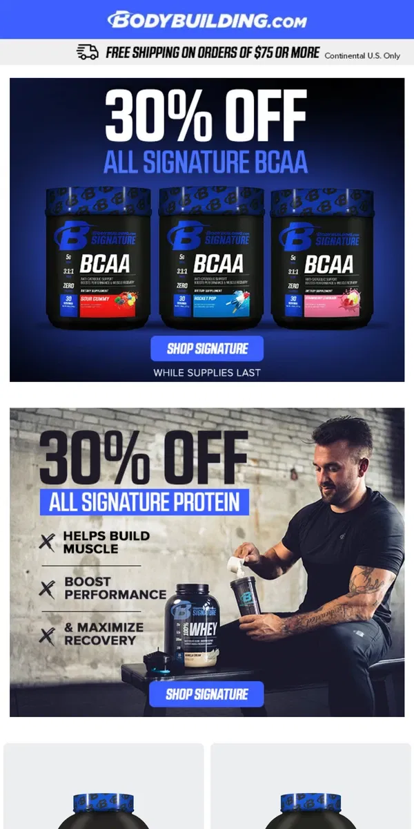 Email from Bodybuilding.com. Don't Miss 30% Off Signature BCAA & Protein Today!