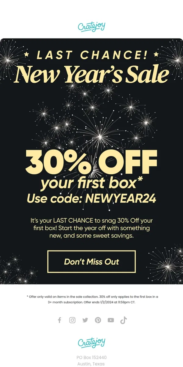 Email from Cratejoy. 30% OFF Ends Tonight! 🎆