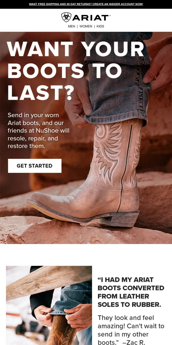 Email from Ariat. Get More Miles Out of Your Boots