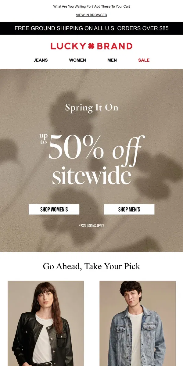 Email from Lucky Brand. SUPER. SPRING. SALE: Up To 50% Off