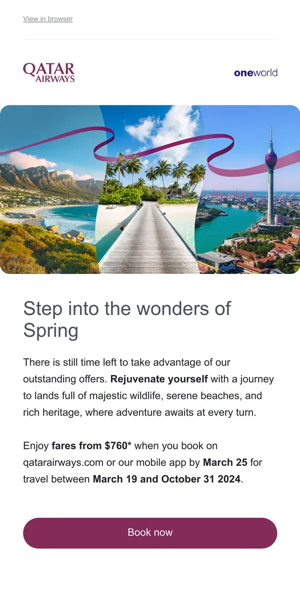 Email from Qatar Airways. Our spring offers are ending soon