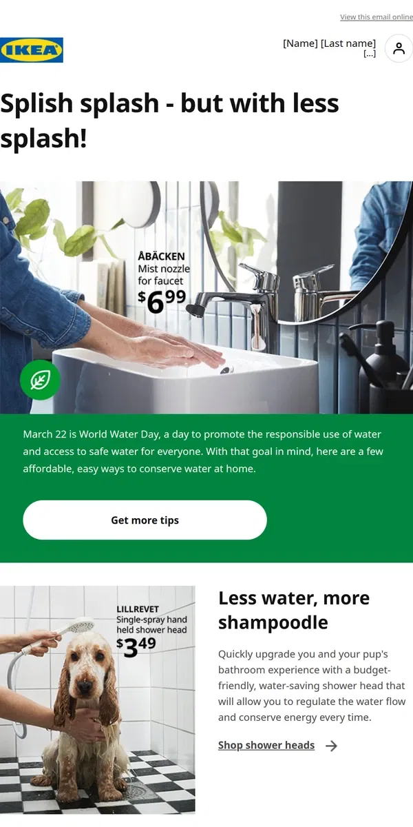 Email from IKEA. 3 ways to conserve water and live more sustainably