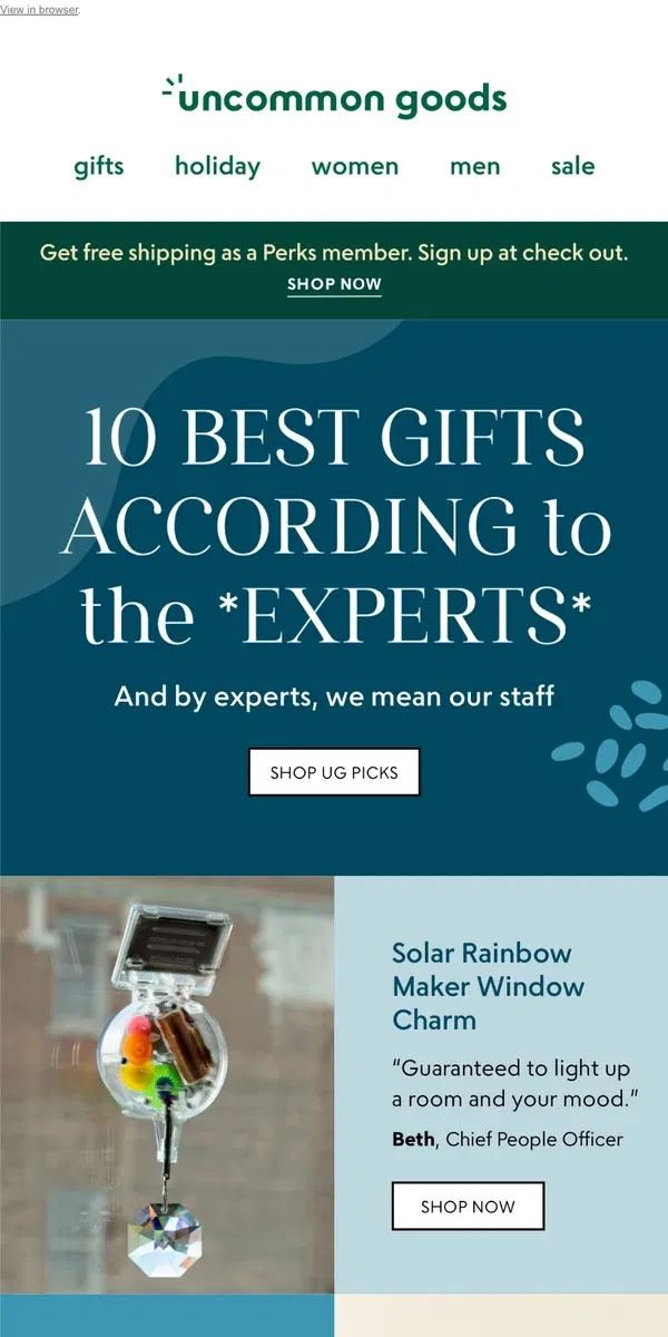 Email from Uncommon Goods. 10 best gifts according to the *experts*