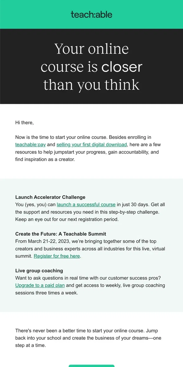 Email from Teachable. Top resources to help launch your course 🚀