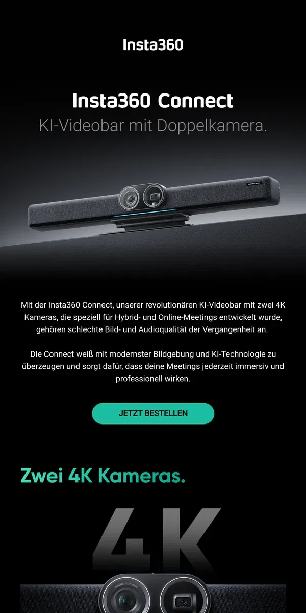 Email from Insta360. Insta360 Connect jetzt erhältlich – Online-Meetings revolutioniert