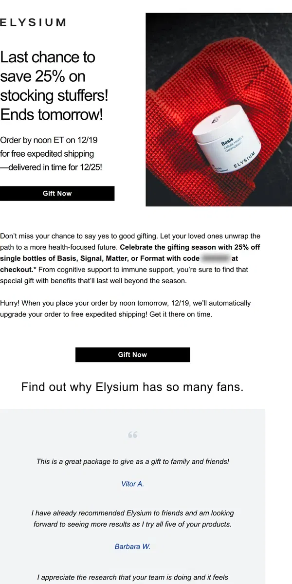 Email from Elysium Health. Last chance for 25% off! Wrap up your holiday shopping. 🎁