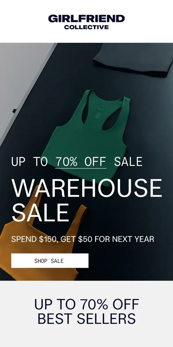 Email from Girlfriend Collective. WAREHOUSE SALE BEST SELLERS