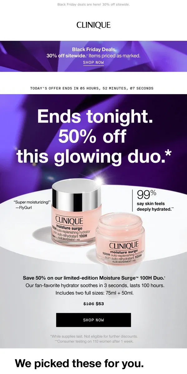 Email from Clinique. Last chance! Save 50% on this exclusive Moisture Surge duo 💕 