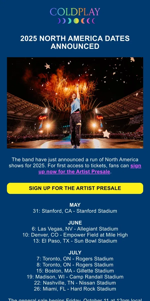 Email from Coldplay. 2025 N. America tour announced!